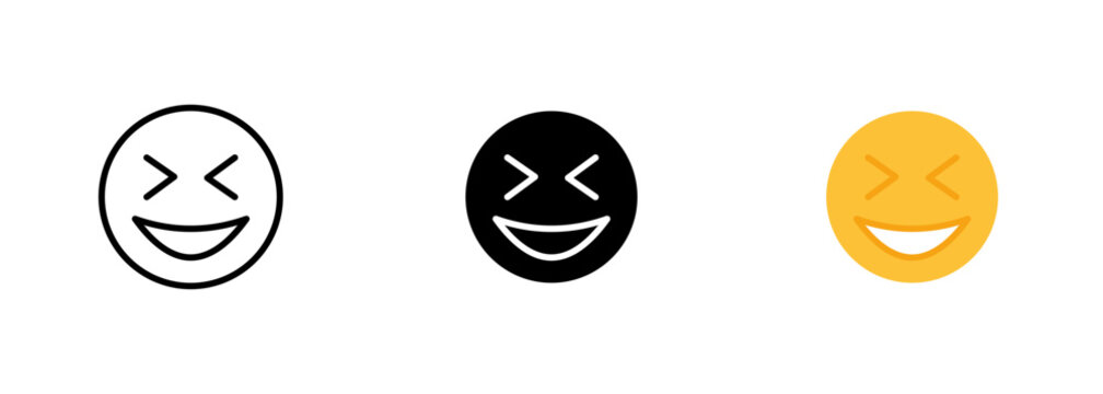 The laughing face emoji, which is yellow in color, shows a face with closed eyes and a wide open mouth with teeth showing. Vector set of icons in line, black and colorful styles isolated.