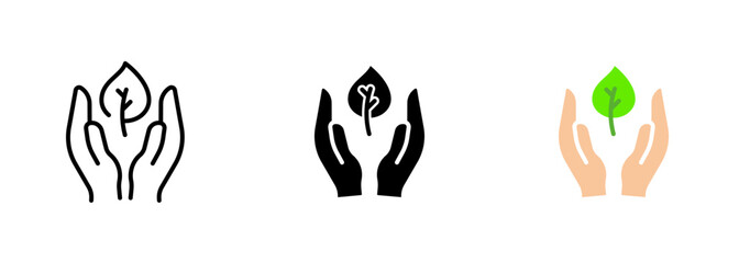 A small sprout held delicately in the hands, representing growth, renewal, and the potential for new beginnings. Vector set of icons in line, black and colorful styles isolated.