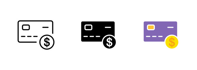 A bank card featuring the iconic dollar sign, representing financial transactions and the power of money. Vector set of icons in line, black and colorful styles isolated.