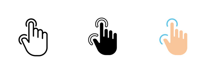 A touch-based interface with two fingers making a zoom-in or zoom-out gesture, signifying the capability to resize or rescale. Vector set of icons in line, black and colorful styles isolated.