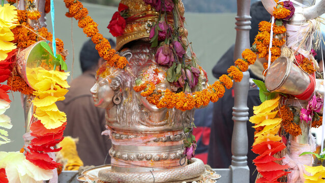 Kedarnath Deity Statue in Uttarakhand India. Kedarnath Temple is a Hindu temple dedicated to Shiva. Located on the Garhwal Himalayan range near the Mandakini river.