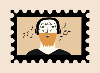 Man listens to music. Melomaniac concept. Vector illustration in hand drawn style