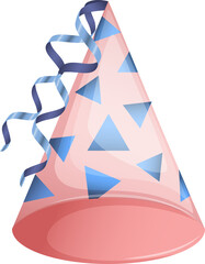 flat cartoon design illustration of colored hat for birthday party. vector - illustration. pink and blue birthday hats with shiny ribbons isolated on white background. Vector cones