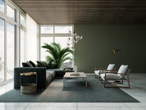 Modern Interior With Green Sofa And Two White Armchairs. Luxury Home Living Room Design. 3D Rendering, 3D Illustration