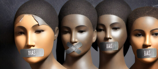 Bias - Censored and Silenced Women of Color. Standing United with Their Lips Taped in a Powerful Display of Protest Against the Suppression of Women's Voices,3d illustration - obrazy, fototapety, plakaty