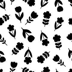 Seamless pattern flowers leaves silhouette vector illustration