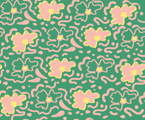Hand Draw Floral Doodle illustration Vector Seamless Pattern On Green Background Color, Cute Flower Art Wallpaper 