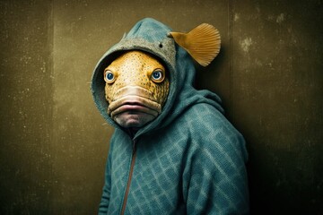 Man disguised with a fish costume for the april fool's day joke illustration generative ai - obrazy, fototapety, plakaty