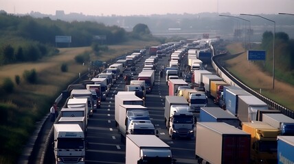 grève des chauffeurs routiers - des camions bloquent l'autoroute - generative ai	
 - obrazy, fototapety, plakaty