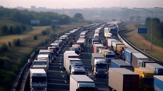 grève des chauffeurs routiers - des camions bloquent l'autoroute - generative ai	
