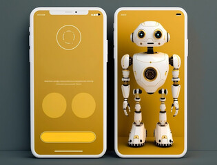 Futuristic robot in screen of smartphone. Concept of chatbot with artificial intelligence.
