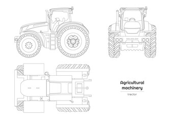 Outline farmer tractor drawing. Isolated agricultural machine. Top, side and front views of farmer vehicle. Industrial blueprint