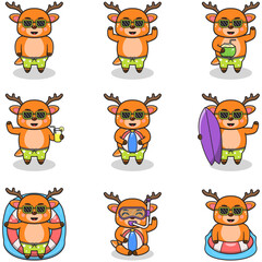 Summer cute Deer vector illustration. Flat Deer Summer Cartoon. Graphic cartoon character for banner, sticker advertising travel in summer theme illustration. Summer holiday concept design.