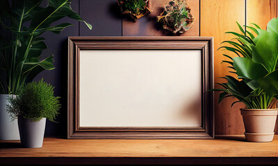 Frame mockup empty blank on wooden table and houseplants. Generative AI