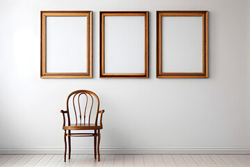 Three empty picture frames on the wall with a chair. AI Generative