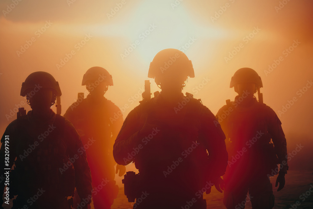 Wall mural AI generated silhouettes of army soldiers attacking in smoke against sunset marines team in action