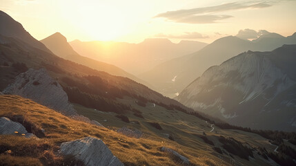 Fototapeta na wymiar Mountain landscape at sunset, wide shot