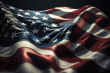 AI generated closeup of grunge vintage dark american flag blowing wind at USA independence day
