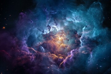 Fototapeta na wymiar Space clouds in shades of purple and blue with a supernova at the center Generative AI