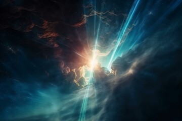 Space clouds with a pulsar at the center, emitting beams of light Generative AI © Denis Yevtekhov