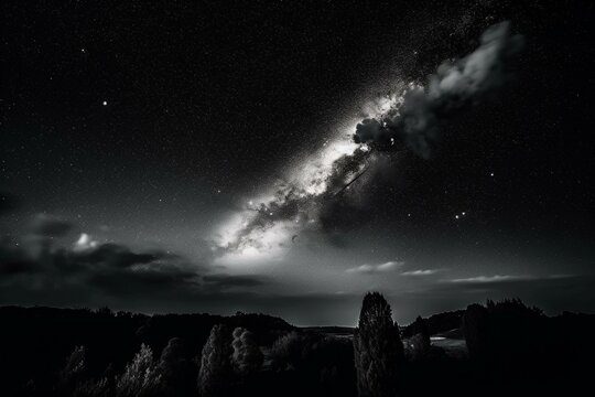 Space clouds in a monochrome palette with a shooting star streaking through the center Generative AI