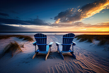 Two blue Adirondack chairs on a beach with sand dunes facing the ocean at sunset. Summer scenic landscape