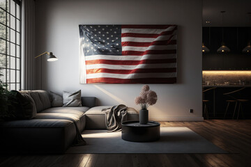 AI generated illustration of dark american flag blowing wind at room interior USA independence day