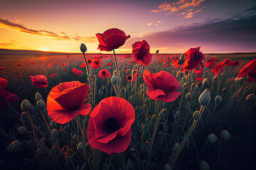 Red poppy field, scenic landscape at sunset - obrazy, fototapety, plakaty
