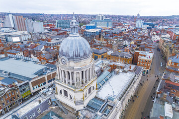 scenic aerial shot of the Old Market Square in Nottingham, United Kingdom, drone shot. High quality...