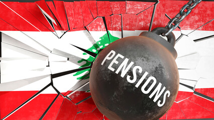 Lebanon and Pensions that destroys the country and wrecks the economy. Pensions as a force causing possible future decline of the nation,3d illustration