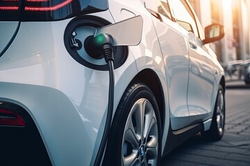 Electric car charging, EV car charging near the station, Generative AI