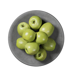 Top view of concrete bowl with green apples