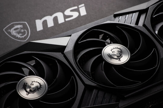 Dnipro, Ukraine - February 23, 2023: MSI graphics video card details with logo,