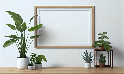 Frame mockup empty blank on wooden table and houseplants on scandinavian interior. Generative AI