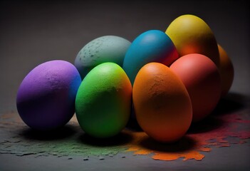 A lot of colorful eggs on the dark background. Easter concept. Generated Ai