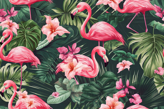 Generative AI. Floral seamless background with a tropical pattern of pink flamingos with exotic flowers, palm leaves. Botanical wallpaper.