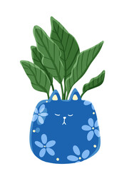 A blue flower cat pot with a houseplant inside.  Funny doodle element for decoration with flower elements