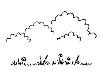 Simple black outline vector drawing. Clouds, grass and flowers, lawn. Nature. Ink sketch.