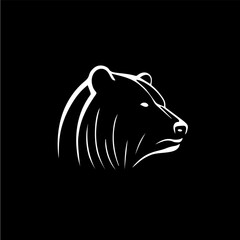 Bear head silhouette tattoo, logo template. Hand drawing wild animal emblem on black background, minimalistic sketch monochrome art. Vector illustration