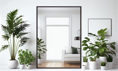 Frame mockup empty blank on wall, mirror and houseplants on scandinavian interior. Generative AI