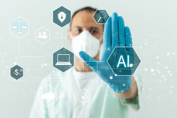 Doctor in futuristic medical concept pressing button.
