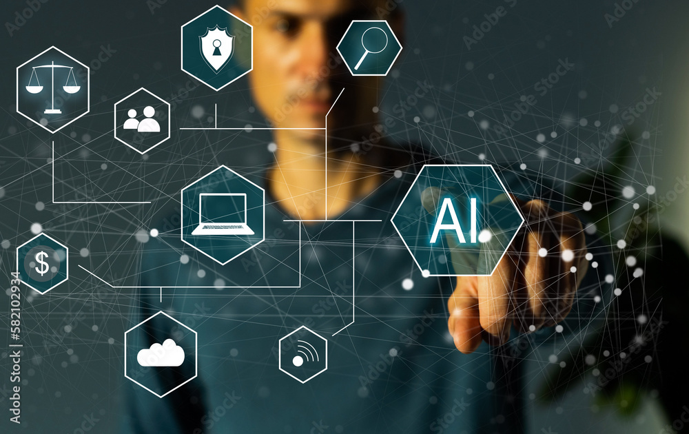 Poster artificial intelligence industry. integration computing concept. man presses brain ai gears button o