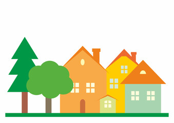 apartments, hotel,  houses and trees, landscape, colour vector illustration, white background