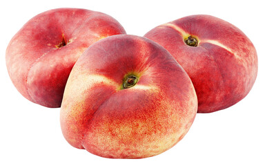 Three chinese flat donut peaches isolated on transparent background. Full depth of field.