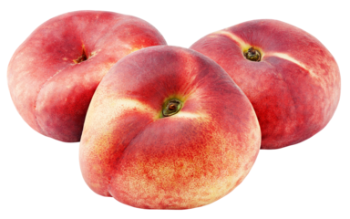 Three chinese flat donut peaches isolated on transparent background. Full depth of field.