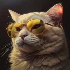 Photorealistic painting of a cat wearing yellow sunglasses