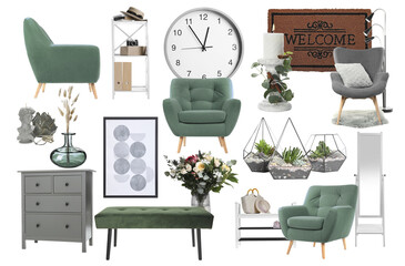 Interior design. Collage with different combinable furniture and decorative elements on white background