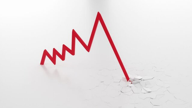 Stock market crash graph. Red arrow fall into crack ground. Economic crisis or recession concept. Black Swan, bank crisis.