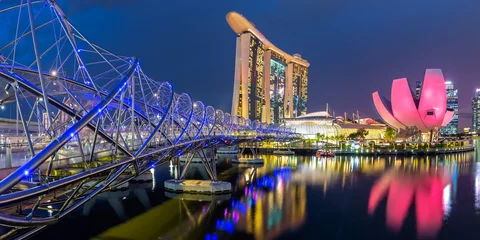 Fototapete Helix-Brücke Marina Bay Skyline and Helix Bridge panorama at twilight in Singapore