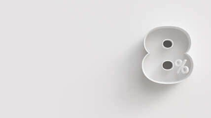 White 3d 8 (eight) percent on white background. For advertising promotion, 3d financial concept design. Promotional materials for low rate. 8% interest special offer. Symbol icon with percentage.